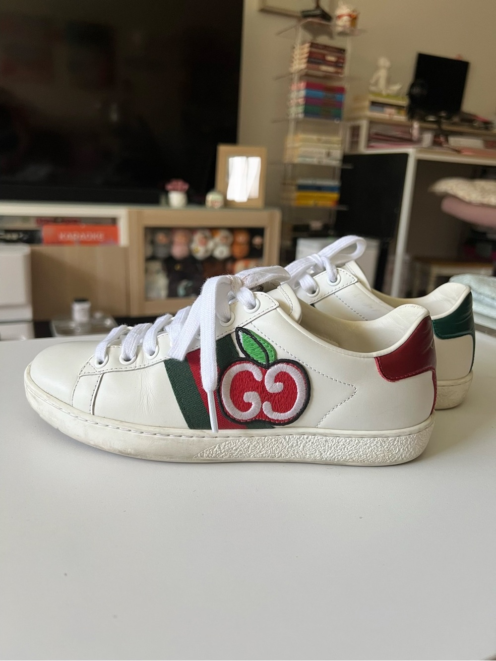 Gucci White Leather Ace Sneaker with Red & Green Apple Patch